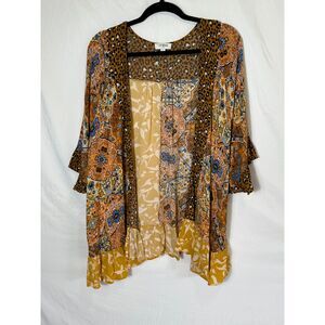 Umgee BOHO Animal Print Floral Patchwork Open Cardigan Dolman Sleeve Size L
